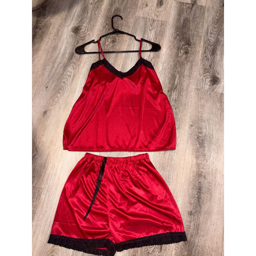 Red & Black Lace Trim Cami Short Set New